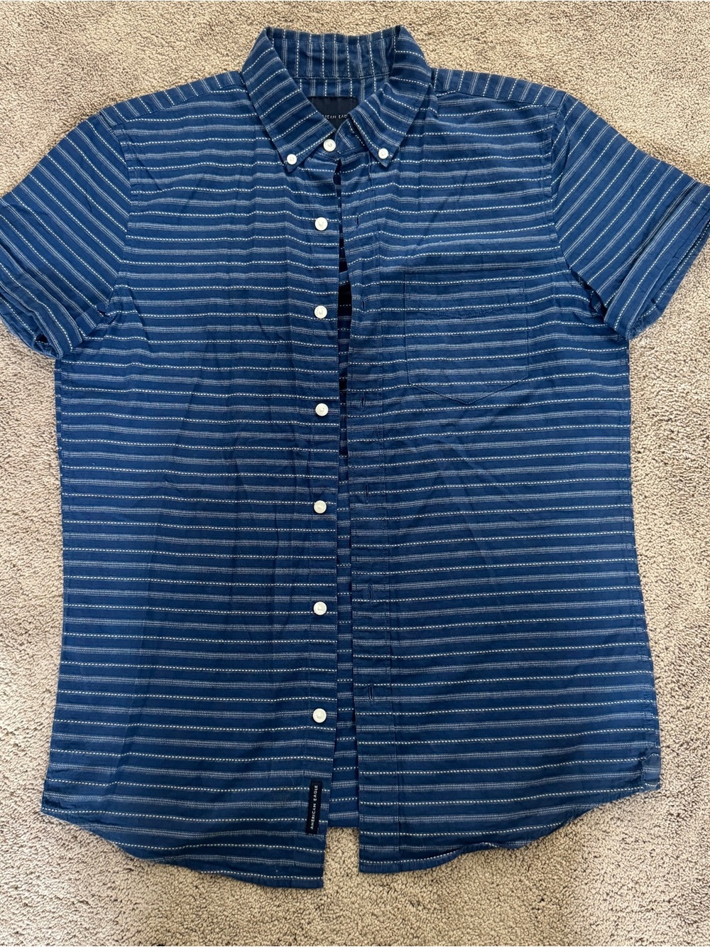 American Eagle Textured Blue Striped Short Sleeve Button-Up Shirt